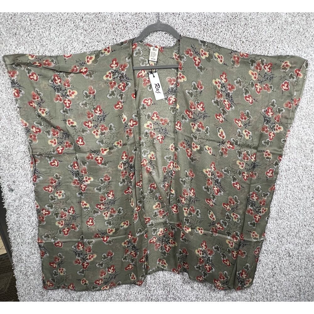 Brand New With Tags Raj Brand Open Front Kimono Olive Green Floral Red Beige Pri